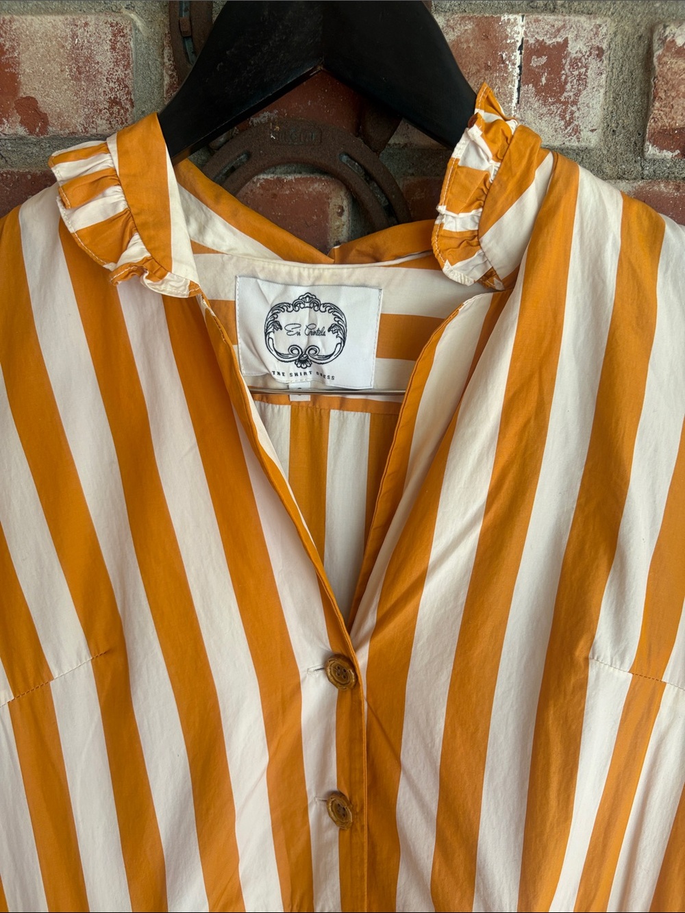 Evi Grintela Large Yellow Cabana Stripe Ruffled Shirt Dress w Pockets